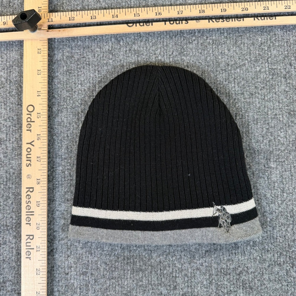 US Polo Assn Reversible Beanie Black Ribbed Striped Grey Flag Winter Hat #4032